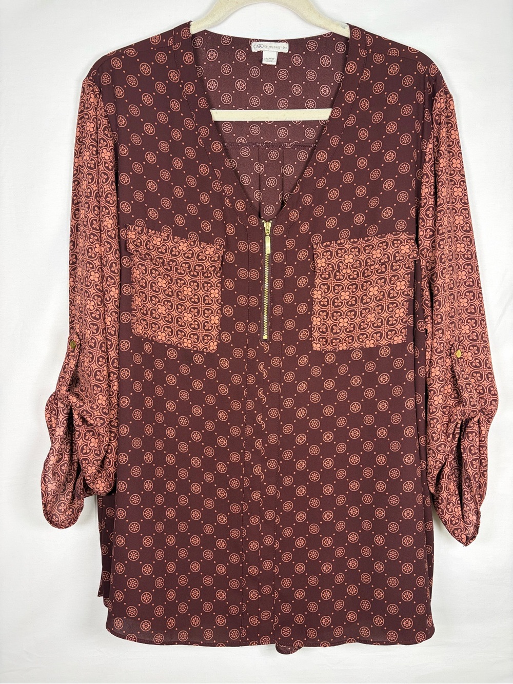 Cato 22/24 Plus Size Burgundy Boho Pattern Popover Tunic Blouse Gold Accents